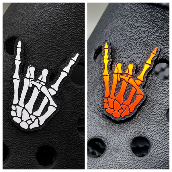 Skeleton Metal Fingers Clog Charm - Croc Devil Horns Rock and Roll White with Black Background Holographic