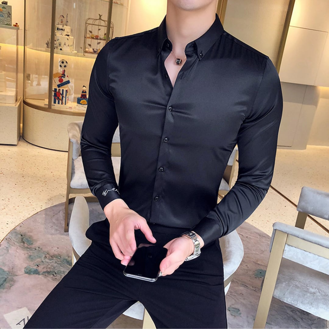 Neckline Embroidery Mens Shirts Long Sleeve Casual Slim Fit - Etsy