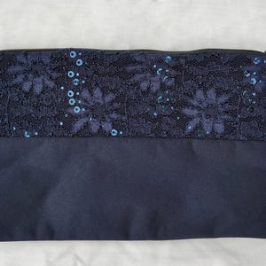 Handmade Upcycled Clutch Purse, Navy Blue with Lace and Sequin Embellishments