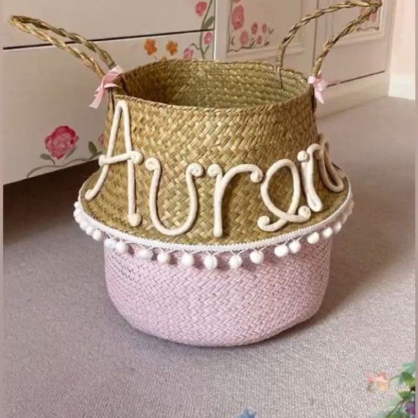 Large Dipped Seagrass Belly Basket with Personalised Name or Word, New Baby Gift, Personalised Baby Gift, Childrens Bedroom Storage