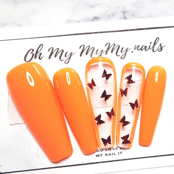 ORANGE BUTTERFLY Nails Set| Orange Nail| Glitter Nail|Spring Nails| Luxury Press On Nail|Custom Gel nail| Glue On Nails Art| Gift for her