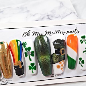 SAINT PATRICK'S DAY Nails Set| Luxury Press On Nails|Hand painted Clover Nails|Custom Gel Polish|Glue On Nails|Gift for her|Rhinestones Nail