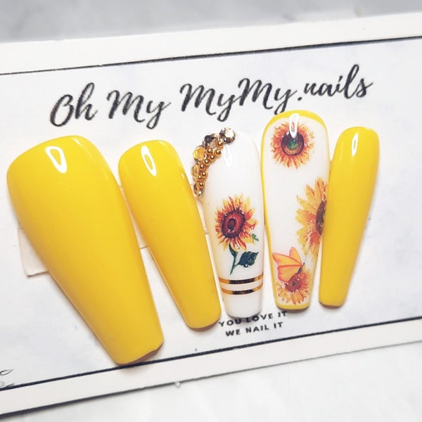 SUNFLOWER Nails Set | Yellow Flower Nails| Spring nail| Summer nails| Luxury Press On Nails|Custom Gel Polish| Glue On Nails|Gift for her