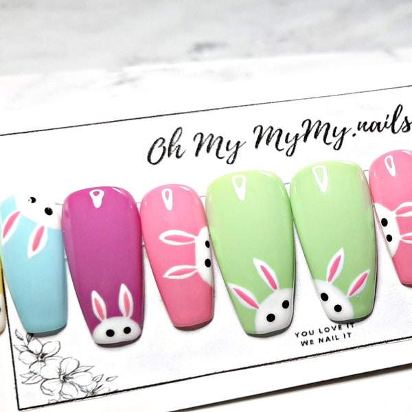 BUNNY HOP Press on Nails Set| EASTER False Nails| Spring Pastel Fake Nails| Luxury Nail|Hand painted|Custom nails|Glue On Nail |Gift for her