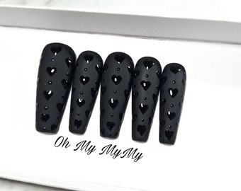 MATTE BLACK HEART Press on nails| Valentine nail| Matte false nail| Fake Nails| Custom Gel Polish nail| Glue On Nail Art| Gift for her