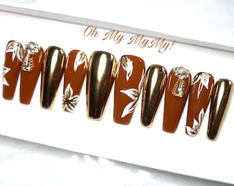 BROWN SEASON Press-on nails| False Nails| Fake Nails| Hand painted| Glitter nails| Gold chrome nails| Fall nail| Glue On Nails| Gift for her