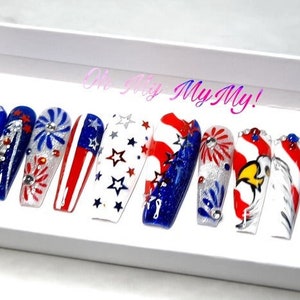 4TH OF JULY Press-on nails Memorial False nailsStripes Patriotic fake nail Star USA American Flag Summer NailHand paintedGift for her image 1