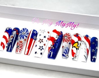 4TH OF JULY Press-on nails| Memorial False nails|Stripes Patriotic fake nail| Star USA American Flag| Summer Nail|Hand painted|Gift for her