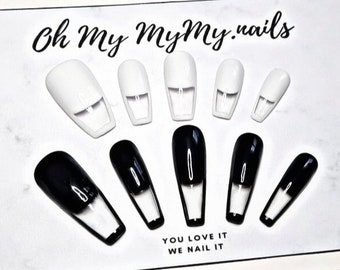 CLASSIC FRENCH TIP Nails Set | White Black Nails| Luxury Press On Nails| Fake Nail| Custom Gel Polish nails| Glue On Nails Art| Gift for her