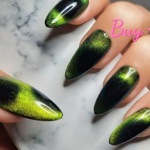 OLIVE Set Green Nail Cat Eye Nail Press on Nails Fake Nails Custom