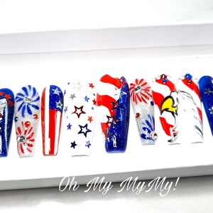 4TH OF JULY Press-on nails Memorial False nailsStripes Patriotic fake nail Star USA American Flag Summer NailHand paintedGift for her image 7