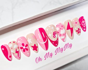KAWAII PINK Press on Nails| Smiley Nails| Spring Pink Flower Fake Nail| Summer Floral Nail| Cloud stars nails| Y2K nails| Gift for her