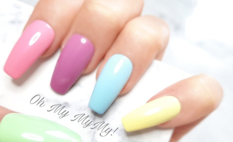 PASTEL SKITTLES Nails Set Pastel Spring Nails Pastel Easter NailsSolid Color NailLuxury Press On Nail Pastel Rainbow NailGift for her image 3