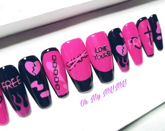 LOVE YOURSELF Press on nails| Valentine nail| Black Pink nail| Shackles Fake Nails| French Tip Gel Polish nail| Glue On Nail| Gift for her