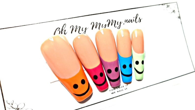 SMILEY Nails Set Happy face press on nails Solid Color Nail French tip nails Luxury Press On Nail Rainbow Nail Gift for her image 7