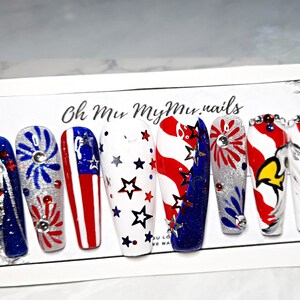 4TH OF JULY Press-on nails Memorial False nailsStripes Patriotic fake nail Star USA American Flag Summer NailHand paintedGift for her image 3