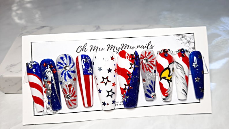 4TH OF JULY Press-on nails Memorial False nailsStripes Patriotic fake nail Star USA American Flag Summer NailHand paintedGift for her image 3