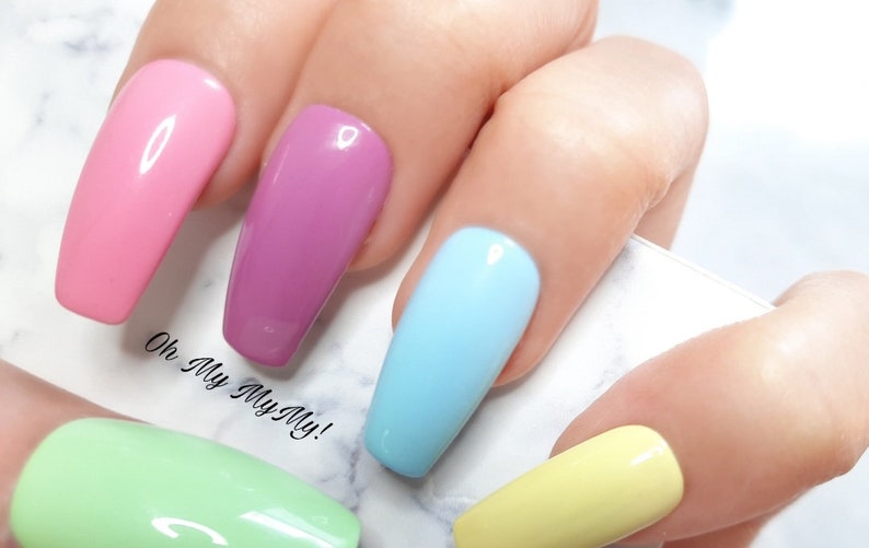 PASTEL SKITTLES Nails Set Pastel Spring Nails Pastel Easter NailsSolid Color NailLuxury Press On Nail Pastel Rainbow NailGift for her image 2