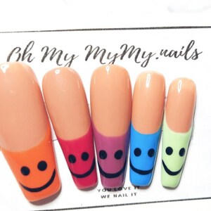 SMILEY Nails Set Happy face press on nails Solid Color Nail French tip nails Luxury Press On Nail Rainbow Nail Gift for her image 4
