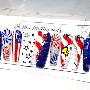 4TH OF JULY Press-on nails Memorial False nailsStripes Patriotic fake nail Star USA American Flag Summer NailHand paintedGift for her image 4