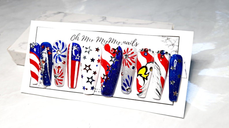 4TH OF JULY Press-on nails Memorial False nailsStripes Patriotic fake nail Star USA American Flag Summer NailHand paintedGift for her image 4