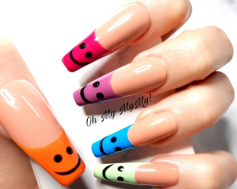 SMILEY Nails Set Happy face press on nails Solid Color Nail French tip nails Luxury Press On Nail Rainbow Nail Gift for her image 5