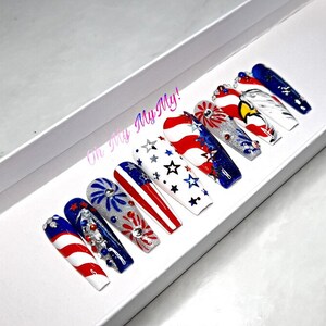 4TH OF JULY Press-on nails Memorial False nailsStripes Patriotic fake nail Star USA American Flag Summer NailHand paintedGift for her image 2