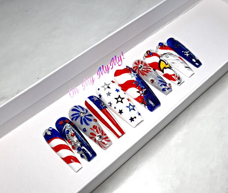 4TH OF JULY Press-on nails Memorial False nailsStripes Patriotic fake nail Star USA American Flag Summer NailHand paintedGift for her image 2