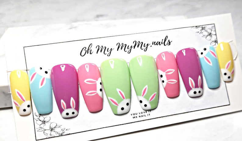 BUNNY HOP Press on Nails Set EASTER False Nails Spring image 1