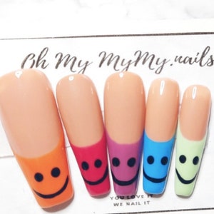 SMILEY Nails Set Happy face press on nails Solid Color Nail French tip nails Luxury Press On Nail Rainbow Nail Gift for her image 2