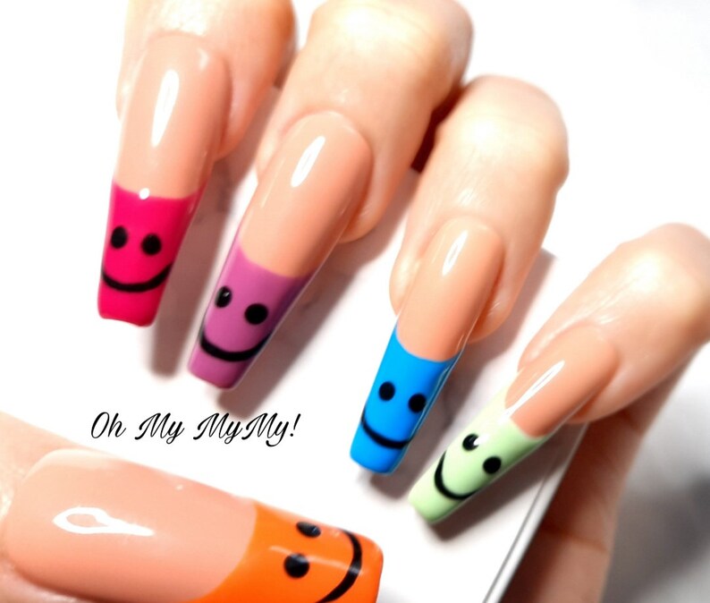 SMILEY Nails Set Happy face press on nails Solid Color Nail French tip nails Luxury Press On Nail Rainbow Nail Gift for her image 6