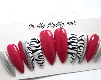 Pinkzebra Set/ White & Pink/ Mirror Nails/ Luxury Press On Nails/ Fake Nails/ Custom Gel nails/ Glue On Nails Art/ Regalo para ella/Pintado a mano