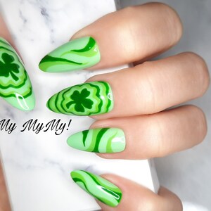 THE CLOVER Nail Set Saint Patrick'S Day Nails Luxury Press On NailsHand painted green NailsCustom Gel PolishGlue On NailsGift for her image 2