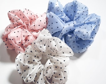 Polka dot Scrunchie| White Black Blue Pink scrunchie| Korean hair tie| Elastic scrunchie| Gift for her| Large scrunchie| Chiffon scrunchie