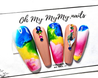 WATER COLOR Nails Set| Rhinestones nails| Rainbow Nail| Luxury Press On Nails| Fake Nail|Custom Gel nail| Glue On Nails Art| Gift for her