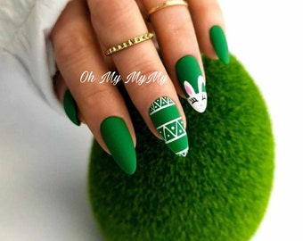 MATTE GREEN EASTER Press on nails| Spring nail| Rabit false nail| Summer Fake Nails| Custom Gel Pastel nail| Glue On Nail| Gift for her