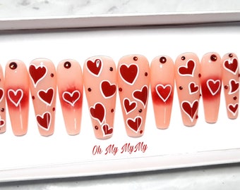 THE RED HEART Press on nails| Red Valentine nail| Rhinestone false nail| Fake Nails| Custom Gel Polish nail| Glue On Nail Art| Gift for her