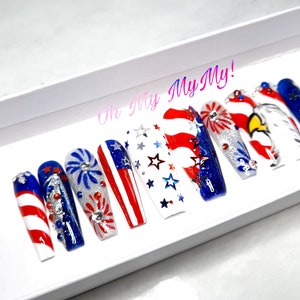 4TH OF JULY Press-on nails Memorial False nailsStripes Patriotic fake nail Star USA American Flag Summer NailHand paintedGift for her image 6
