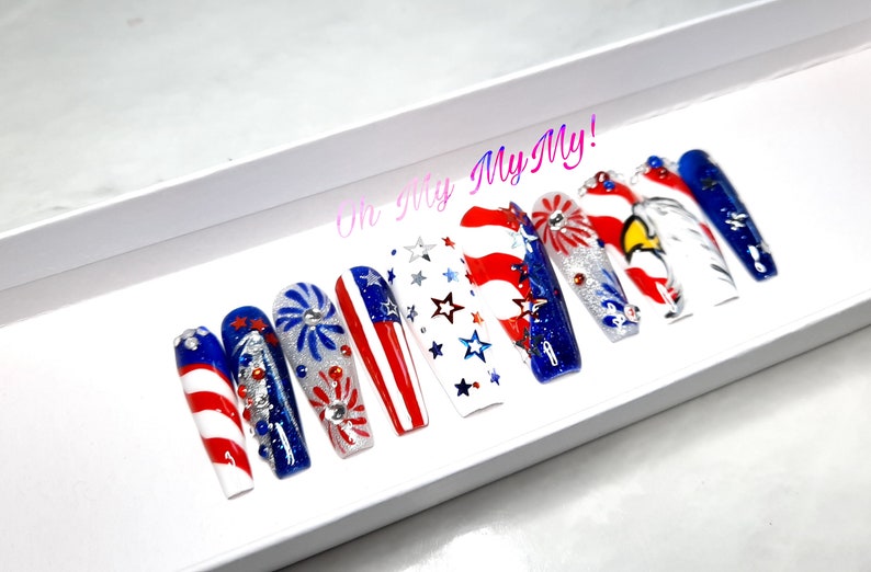 4TH OF JULY Press-on nails Memorial False nailsStripes Patriotic fake nail Star USA American Flag Summer NailHand paintedGift for her image 6