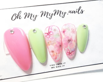 PINK FLOWER Nails Set | Roze Groene Pastel Nagels| Lentenagel| Luxe pers op nagels| Nep nagels| Aangepaste Gel Polish| Lijm op nagels| Cadeau voor haar