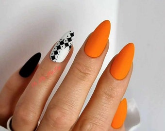 MATTE DOTTY LINE Press on nails| Orange Black nail| Abstract summer false nail| Custom Gel Symmetry fake nail| Glue On Nail| Gift for her