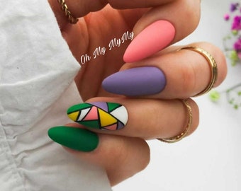 PASTEL MOSAIC Press on nails| Matte Spring nail| Colorful false nail| Summer Fake Nails| Custom Gel Pastel nail| Glue On Nail| Gift for her