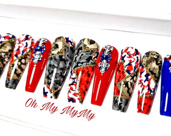 MULTI- CAMO Press-On Nails| Multicolor Camouflage Memorial nail| Veteran nail| Rhinestone nails| Soldier Military  Army nails| Gift for her