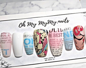 NEWSPAPER Nails Set| Comic Nails| Word Nails|Paper Nails| Luxury Press On Nails| Fake Nails| Custom Gel Polish| Glue On Nails| Gift for her