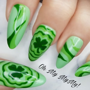 THE CLOVER Nail Set Saint Patrick'S Day Nails Luxury Press On NailsHand painted green NailsCustom Gel PolishGlue On NailsGift for her image 3