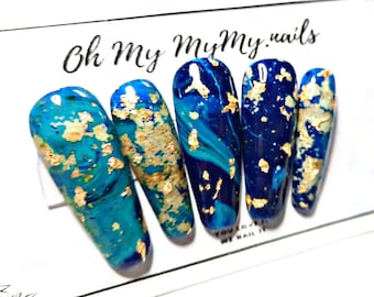 GOLD BLUE FLOW Nagels Set| Blauwe nagel| Marmer Gouden Nagels| Luxe pers ons| Handgeschilderd| Custom Gel nagels| Lijm op nagels art| Cadeau voor haar