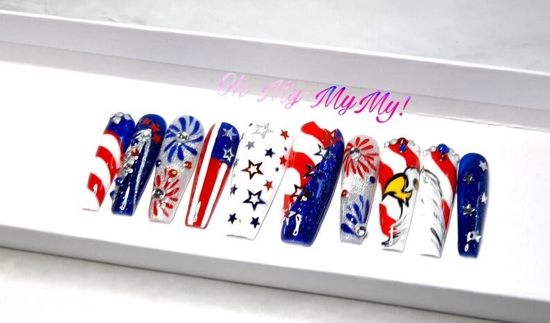 4TH OF JULY Press-on nails Memorial False nailsStripes Patriotic fake nail Star USA American Flag Summer NailHand paintedGift for her image 1