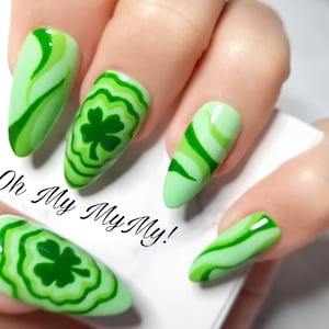 THE CLOVER Nail Set Saint Patrick'S Day Nails Luxury Press On NailsHand painted green NailsCustom Gel PolishGlue On NailsGift for her image 1