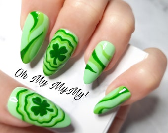 THE CLOVER Nail Set| Saint Patrick'S Day Nails| Luxury Press On Nails|Hand painted green Nails|Custom Gel Polish|Glue On Nails|Gift for her