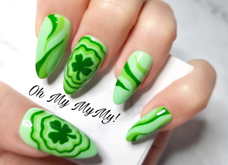 THE CLOVER Nail Set Saint Patrick'S Day Nails Luxury Press On NailsHand painted green NailsCustom Gel PolishGlue On NailsGift for her image 1